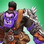 Fioletowy ork z czarnymi włosami związanymi w kucyk, ubrany w zbroję z kolcami i trzymający duży miecz, na zielonym tle