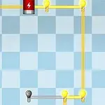 Bateria podłączona do linii energetycznej z czterema żarówkami na tle jasnoniebieskiej szachownicy