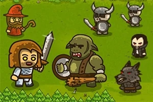 Postacie w stylu kreskówki walczące na trawiastym polu, w tym rycerz, czarodziej, ork, wilk i wojownicy w hełmach z rogami