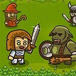 Postacie w stylu kreskówki walczące na trawiastym polu, w tym rycerz, czarodziej, ork, wilk i wojownicy w hełmach z rogami