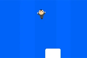 Postać w ciemnym ubraniu skacze w powietrzu na tle niebieskiego tła z białą platformą poniżej