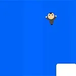 Postać w ciemnym ubraniu skacze w powietrzu na tle niebieskiego tła z białą platformą poniżej