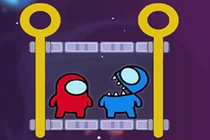 Dwóch kolorowych astronautów stoi obok siebie w kosmicznym tle, jeden z otwartymi ustami, otoczony żółtymi przedmiotami przypominającymi szpilki