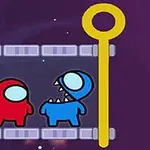 Dwóch kolorowych astronautów stoi obok siebie w kosmicznym tle, jeden z otwartymi ustami, otoczony żółtymi przedmiotami przypominającymi szpilki