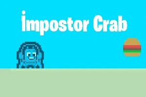 Niebieski, pikselowy krab i hamburger na niebieskim tle z napisem impostor Crab