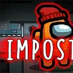 Czerwona postać w czapce na tle sci-fi z napisem IMPOSTOR w czerwonym świetle