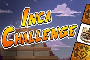 Napis Inca Challenge na tle schodkowej piramidy z chmurami na nocnym niebie, z symbolami inkaskimi po bokach