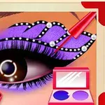 Fioletowy makijaż oka z cyrkoniami, aplikator cieni oraz kosmetyki w kompozycji na beżowym tle