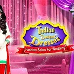 Postać kobiety w tradycyjnym indyjskim stroju na tle różowego wystroju z logo i napisem o projektowaniu sukien na ślub