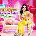 Kobieta w żółtym sari siedząca na ozdobnej kanapie w bogato udekorowanym różowymi i czerwonymi materiałami tle, z napisem Indian Designer Sarees Fashion Salon For Wedding