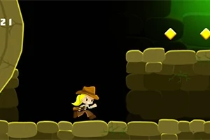 Postać z kapeluszem biegnąca w jaskini z kamiennym tłem, zbliża się do dwóch żółtych diamentów