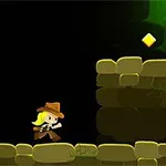 Postać z kapeluszem biegnąca w jaskini z kamiennym tłem, zbliża się do dwóch żółtych diamentów