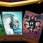 Trzy ilustrowane karty z postaciami: żaba, biały futrzasty potwór i czarna, demoniczna postać z niebieskimi oczami