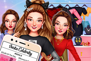 Trzy kobiety w eleganckich strojach stoją przed garderobą z modnymi ubraniami, trzymając telefon z napisem Insta Celebrity