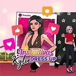 Trzy postacie w eleganckich strojach pozują na czerwonym dywanie z dużą grafiką kobiety w tle i kolorowymi ikonami mediów społecznościowych