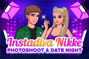 Dwójka postaci w stylu kreskówkowym na kolorowym tle z napisami Instadiva Nikke Photoshoot & Date Night