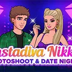 Dwójka postaci w stylu kreskówkowym na kolorowym tle z napisami Instadiva Nikke Photoshoot & Date Night