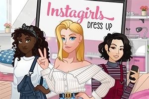 Trzy stylizowane postacie kobiece stojące na różowym tle z napisem Instagirls Dress Up
