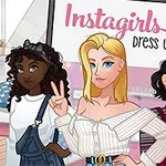 Trzy stylizowane postacie kobiece stojące na różowym tle z napisem Instagirls Dress Up
