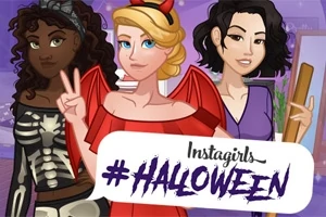 Trzy animowane postacie kobiece w kostiumach Halloween z napisem Instagirls #HALLOWEEN na dole