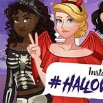 Trzy animowane postacie kobiece w kostiumach Halloween z napisem Instagirls #HALLOWEEN na dole