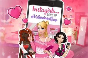 Trzy postacie kobiece pozujące przed tłem z motywem walentynkowym z telefonem komórkowym wyświetlającym napis Instagirls Dress Up #ValentinesDay