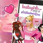 Trzy postacie kobiece pozujące przed tłem z motywem walentynkowym z telefonem komórkowym wyświetlającym napis Instagirls Dress Up #ValentinesDay