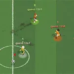 Postacie piłkarzy z kolorowymi otoczkami na boisku o zielonych pasach w widoku z lotu ptaka