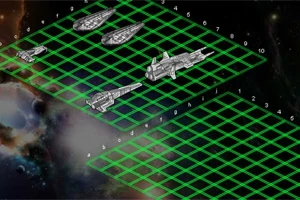 Kosmiczna plansza z zielonej siatki z umieszczonymi na niej szarymi statkami kosmicznymi, na tle przestrzeni kosmicznej z widocznymi mgławicami