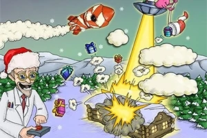 Świąteczna scena przedstawiająca naukowca w czapce Mikołaja sterującego bombowcem, kosmitę w UFO z promieniem wzmacniającym wybuch nad domem oraz unoszące się w powietrzu prezenty i chmurki