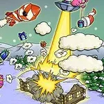 Świąteczna scena przedstawiająca naukowca w czapce Mikołaja sterującego bombowcem, kosmitę w UFO z promieniem wzmacniającym wybuch nad domem oraz unoszące się w powietrzu prezenty i chmurki