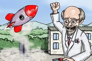 Naukowiec w białym fartuchu z podniesioną pięścią i kontrolerem w ręce, patrzący na startującą czerwoną rakietę na tle zielonych wzgórz