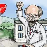 Naukowiec w białym fartuchu z podniesioną pięścią i kontrolerem w ręce, patrzący na startującą czerwoną rakietę na tle zielonych wzgórz