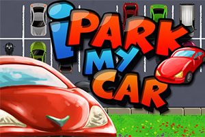 Czerwony samochód na tle parkingu z kolorowymi pojazdami i dużym napisem iPark My Car