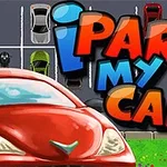Czerwony samochód na tle parkingu z kolorowymi pojazdami i dużym napisem iPark My Car