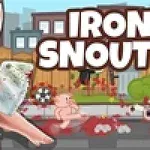 Różowa postać świni z gniewnym wyrazem twarzy trzyma siekierę na tle lasu z napisem IRON SNOUT