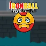 Żółto-czerwona kulka z maską i oczami, unosząca się na tle niebieskiej wody i ceglanego muru, z napisem Ironball Super Hero Ball u góry