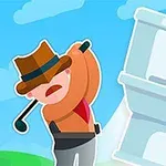 Postać w kapeluszu trzymająca kij golfowy, uderzająca w dużą, nachyloną toaletę na tle nieba z chmurami i zielonego pola