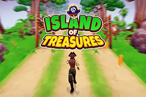 Postać w kapeluszu biegnie ścieżką w dżungli, w tle kolorowy napis „Island of Treasures”