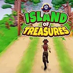 Postać w kapeluszu biegnie ścieżką w dżungli, w tle kolorowy napis „Island of Treasures”