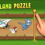 Samolot, kurczak i kot biegną obok siebie za ogrodzeniem, a obok widać dłoń dotykającą pionowego suwaka