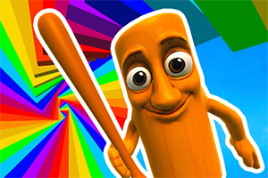 Pomarańczowa postać z dużymi oczami trzymająca kij na tle kolorowej spirali