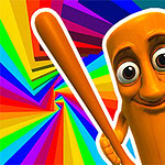 Pomarańczowa postać z dużymi oczami trzymająca kij na tle kolorowej spirali