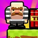 Postać w pasiastej koszuli obok skrzyni z napisem TNT stojąca na trawiastej platformie na różowym tle