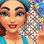 Kobieta z ciemnymi włosami w turkusowej opasce i w niebieskim stroju trzyma kolorowe farby przed ozdobnym tłem z kratką