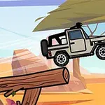 Jeep w stylu kreskówki skaczący nad drewnianą belką na pustynnym tle