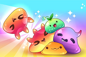 Kolorowe, uśmiechnięte stwory z roślinką na tle błyszczącego nieba