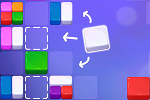 Kolorowe, błyszczące klocki na niebieskim tle z pustymi polami do wypełnienia i strzałkami wskazującymi kierunek ruchu