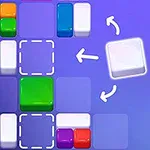 Kolorowe, błyszczące klocki na niebieskim tle z pustymi polami do wypełnienia i strzałkami wskazującymi kierunek ruchu