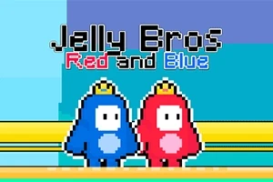 Dwie postacie w stylu pixel art, jedna niebieska i druga czerwona, stoją obok siebie na tle z żółtą linią, z napisem Jelly Bros Red and Blue u góry